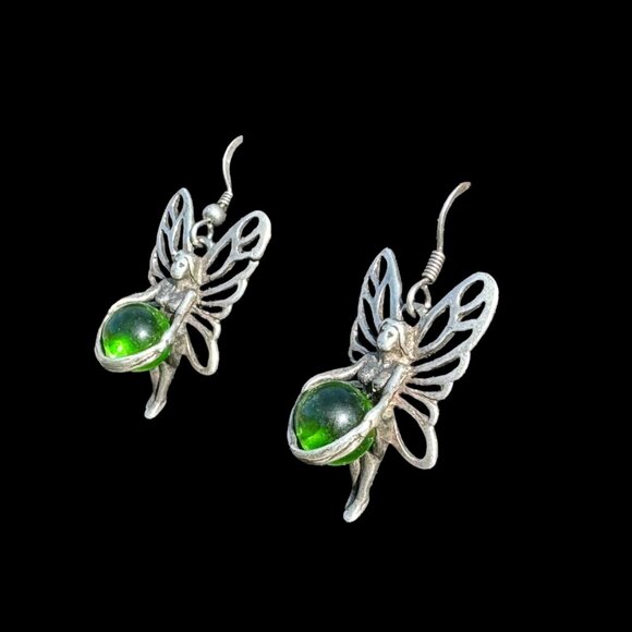 Fairy-Inspired 925 Silver Dangle Earrings Green Glass Orb & Intricate Wing Desig - Picture 2 of 5